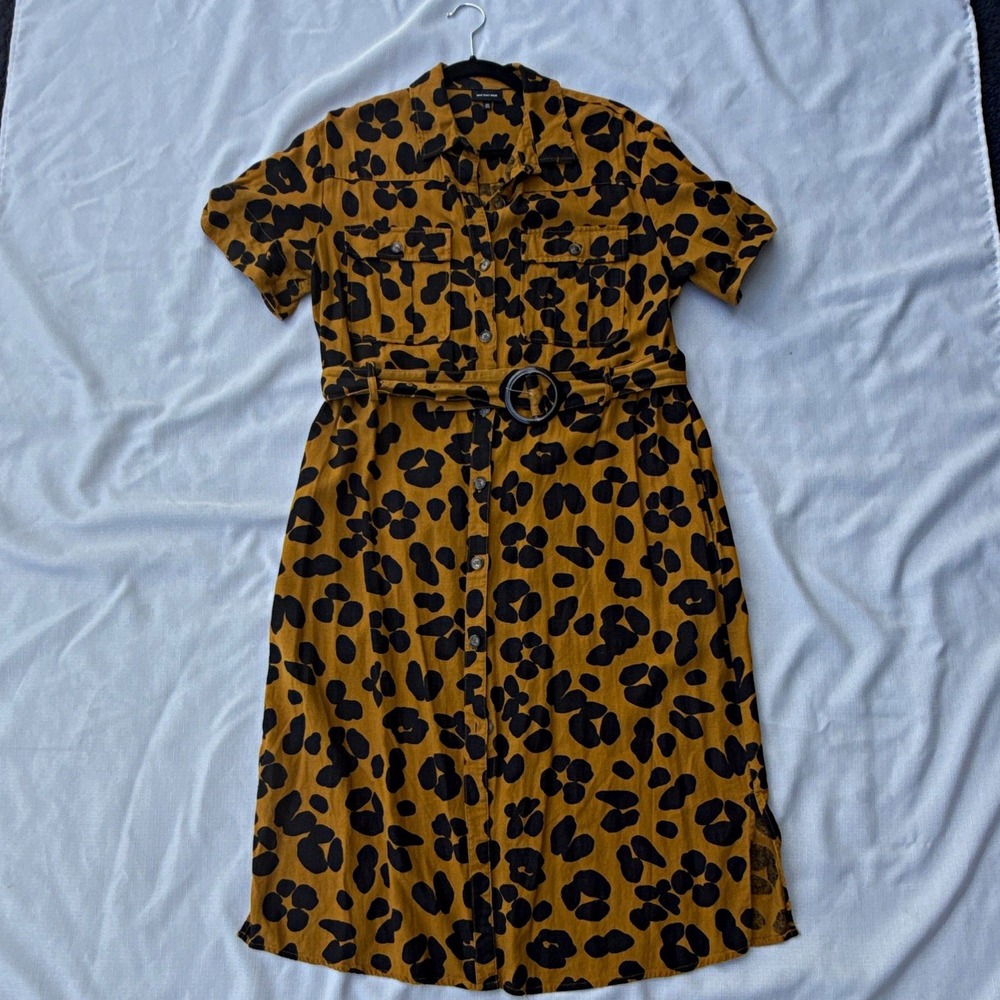 WHO WHAT WEAR Animal Print Shirt Midi Dress Brown/Black M Button Front Belted